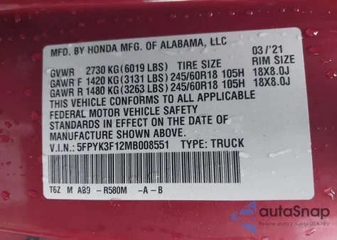 2021 Honda Ridgeline Awd Sport z USA, uszkodzony, nr VIN 5FPYK3F12MB008551